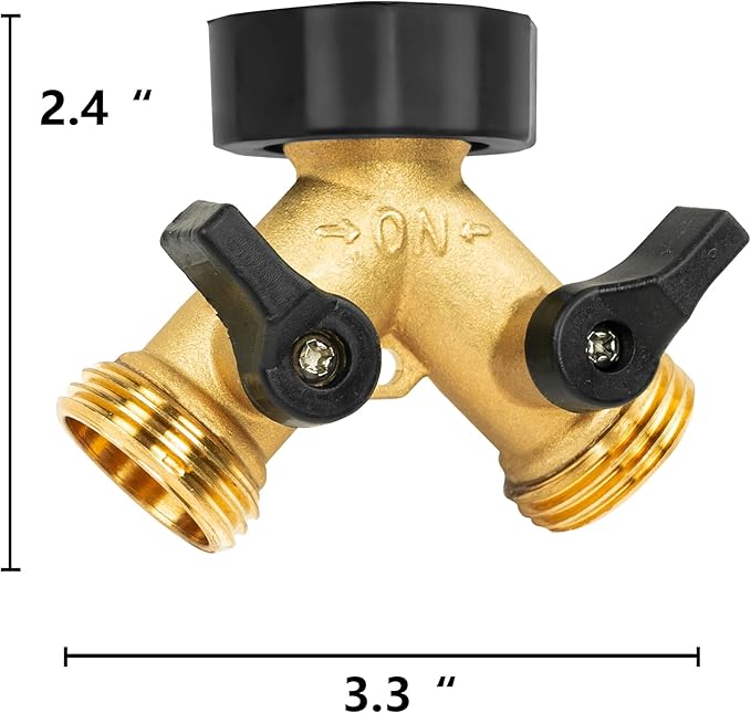 Brass Garden Hose Splitter 2 Way, Hose Y Splitter 3/4 Inch Heavy Duty Brass Hose Connector Tap Splitter, Hose Spigot Adapter 2 Valves with Rubber Washers (1 Pack)
