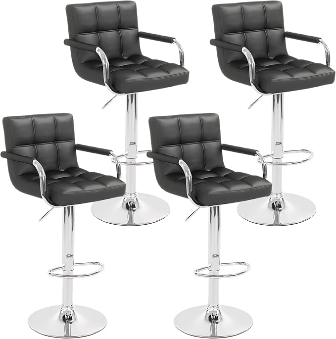 Modern PU Leather Bar Stools Set of 4, Adjustable Swivel Square Bar Chairs, Counter Height Barstools with Arms and Large Base for Island/Kitchen(Black)