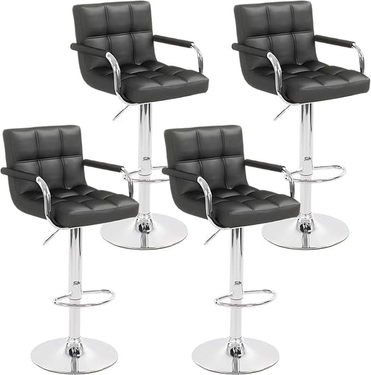 Modern PU Leather Bar Stools Set of 4, Adjustable Swivel Square Bar Chairs, Counter Height Barstools with Arms and Large Base for Island/Kitchen(Black)