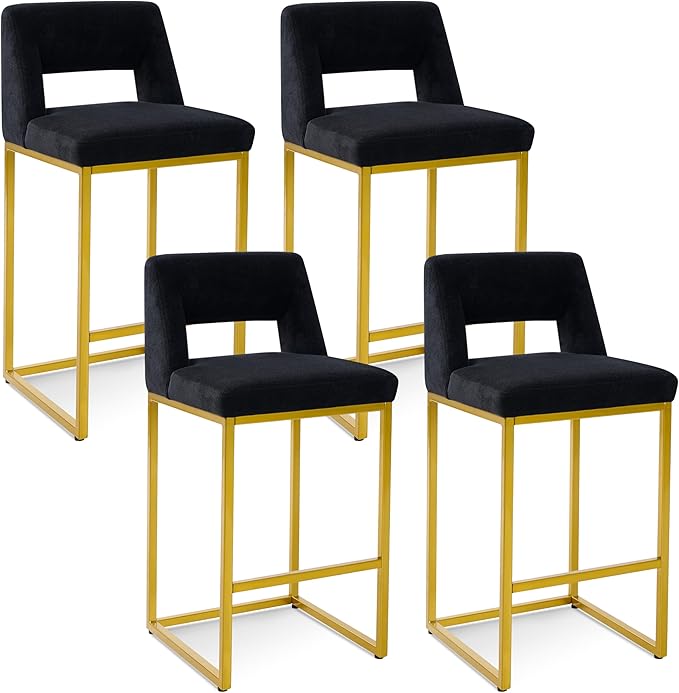 Black and Gold Counter Height Bar Stools Set of 4 for Kitchen Counter Modern Bar Chairs with Backs for Kitchen Island with Upholstered Fabric Seat and Metal Frame, 26 Inch