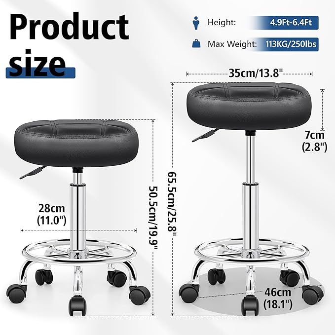 Rolling Stool with Wheels, PU Leather Small Office Chair with Foot Rest,Versatile Adjustable Swivel Stool for Tattoo Massage Salon Spa Teach Medical Facial Office Home Work Kitchen