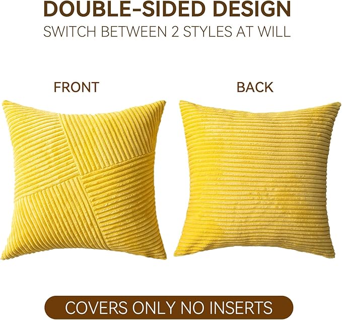 Decorative Throw Pillow Covers 16x16 Inch Set of 2 for Boho Living Room Farmhouse Home Decor, Spring Pillow Covers for Couch Bed, Soft Corduroy Striped Patchwork Cushion Cases, Yellow