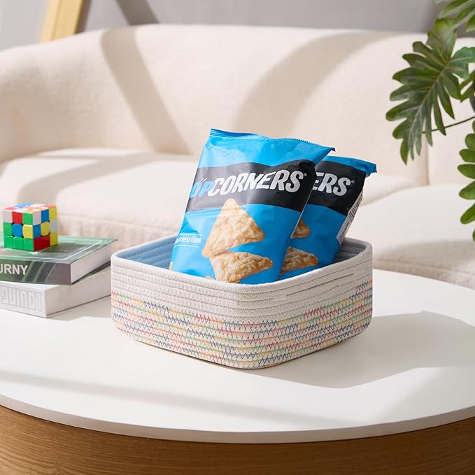 Small Square Shallow Baskets for Organizing, 9.7x9.7x4.3 Inch Rope Woven Storage Bins for Cubes Closet, Shelves Storage, Boho Decorative Basket, 2 Packs Off White Rainbow