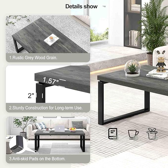 EXCEFUR Modern Coffee Table, Rustic Wood and Metal Center Table for Living Room, Industrial Rectangle Cocktail Tea Table for Home Office, Vintage Grey, 47 Inch