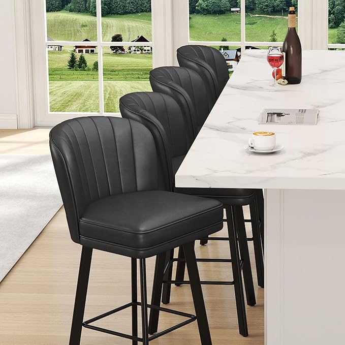Swivel Counter Height Bar Stools Set of 2, 26'' Modern Barstools with Backs and Metal Legs, Upholstered Bar Chairs, Faux Leather Black Stools for Kitchen Island Chairs