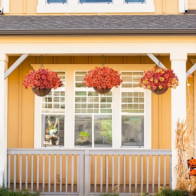 Artificial Fall Flowers for Outdoor, 12 Bundles Faux Pansy Fake Mums Flowers Plants Outdoor Fall Decor, UV Resistant No Fade Silk Flower for Autumn Porch Planter Patio Windowbox Yard Garden(Orange)