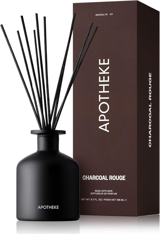 Apotheke Luxury Scented Reed Diffuser for Home, Charcoal Rouge - 6.7 Fl Oz Essential Oil Aromatherapy - 10 Rattan Scent Sticks Room Diffuser - Long-Lasting Fragrance for Bedroom, Home, Bathroom