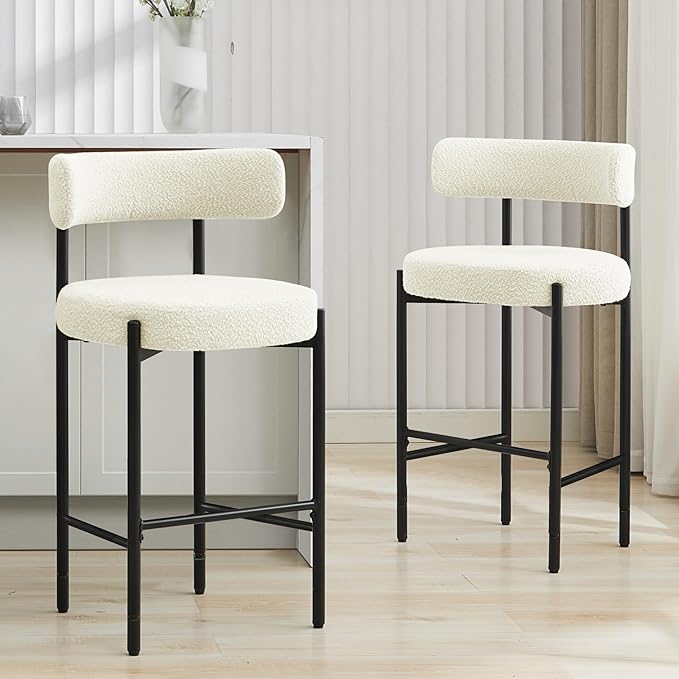 28'' Boucle Bar Stools Set of 2, White Bar Stools with Backs, Counter Height Bar Height Stools for Kitchen Island, Upholstered Bar Chairs