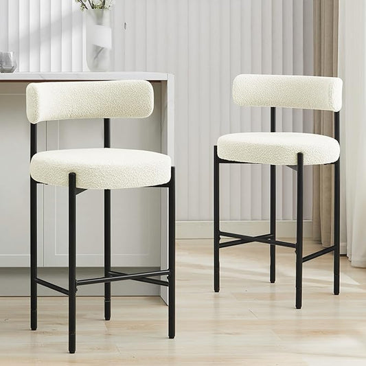 28'' Boucle Bar Stools Set of 2, White Bar Stools with Backs, Counter Height Bar Height Stools for Kitchen Island, Upholstered Bar Chairs