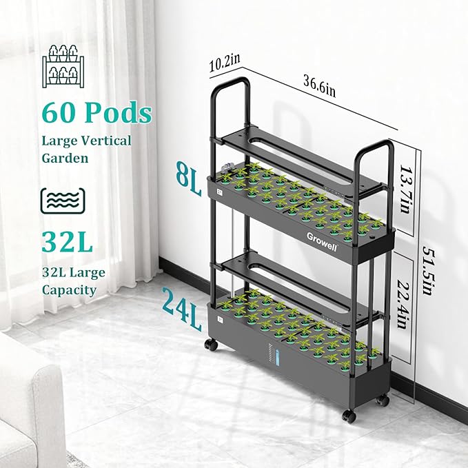 60-Pod Hydroponics Growing System, Large Vertical Hydroponic Garden with Smart Full-Spectrum Grow Lights, Auto Circulating Water, Mobile Indoor Gardening System for Herbs, Vegetables & Fruits
