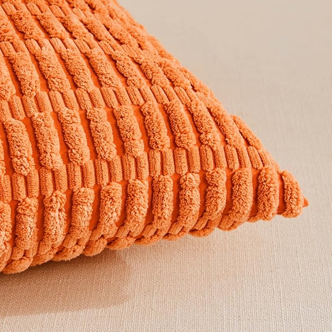 Fancy Homi 4 Packs Orange Fall Decorative Throw Pillow Covers 16x16 Inch for Couch Living Room Bed Sofa, Halloween Pumpkin Autumn Home Decor, Soft Cute Plush Corduroy Striped Cushion Case 40x40 CM
