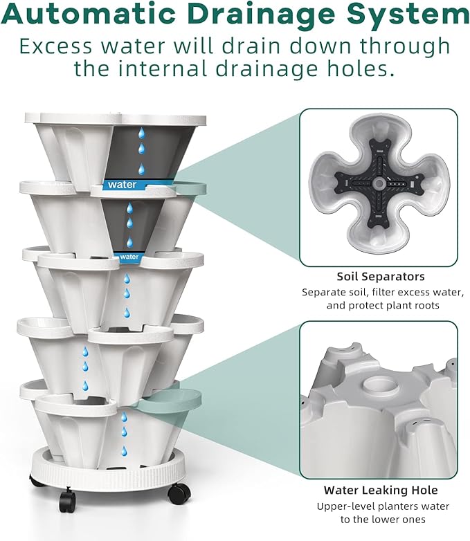 Strawberry Vertical Planter, Stacking Garden Tower, 6 Tiered Stackable Herb Vegetable Planters with Movable Casters and Bottom Saucer Indoor and Outdoor - Black
