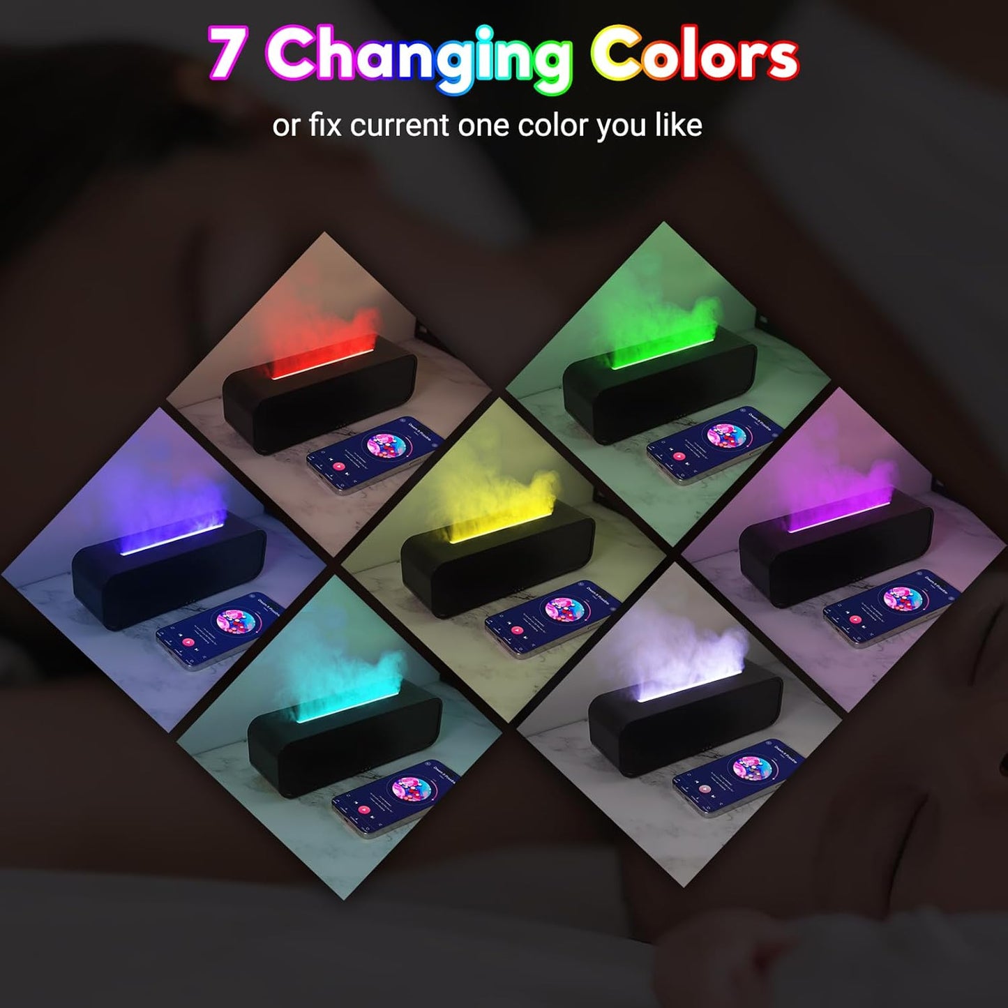 Eseential Oil Diffuser, 250ml Flame Oil Diffuser - Aromatherapy Humidifier, Sound Activated Flame Effect, Rainbow Flame, Music Sync, Remote Control - Perfect for Bedroom Home Office Yoga (White)