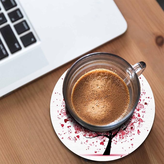 Valentine Tree with Hearts Drink Coasters Modern Wedding Branch Leaf Art Love Symbol Pink Tree Housewarming Presentss for New Home Present for Friends,2 Pcs,4 X 4 X 0.35 Inches