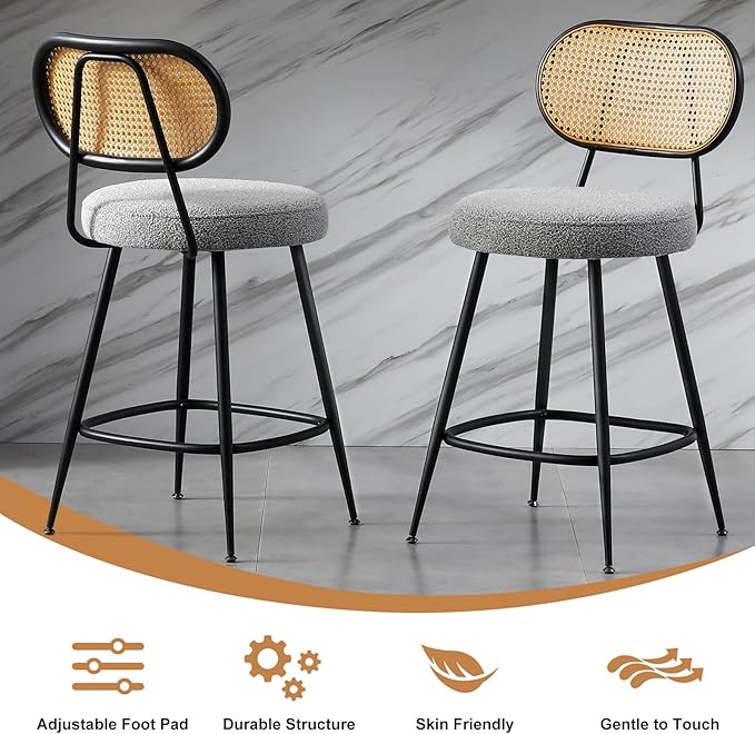 26" Rattan Barstools Set of 2, Counter Height Bar Chair with Black Metal Legs, Modern Armless Sherpa Pub Chair, Adjustable Feetpads Stools for Home Counter, Kitchen Dining Island, Cafe(Grey)