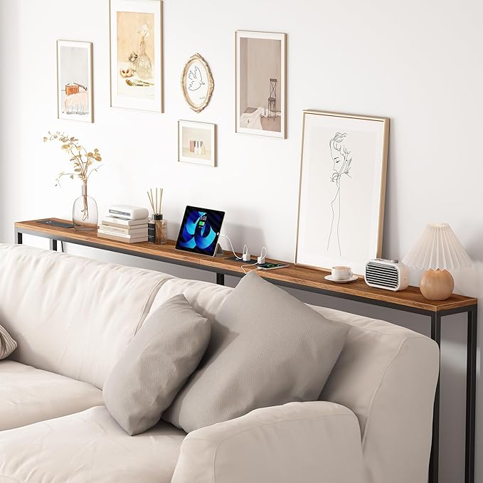 Narrow Sofa Table with 2 Power Outlets, 80.7” Thin Console Tables Narrow Long, Behind Couch Table Skinny, Wood Console Tables for Entryway, Living Room, Hallway, Foyer, Rustic Brown