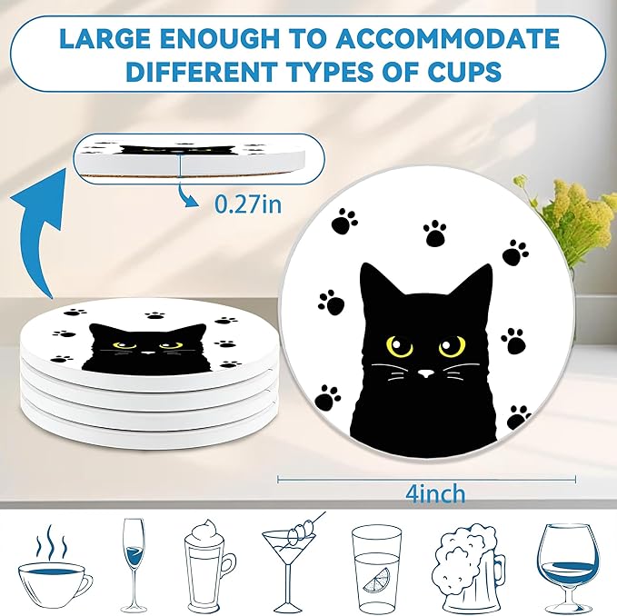 Drinks Coasters Set of 4, Black Cat Round 4" Cup Coasters, Absorbent Ceramic Stone Coasters with Cork Base, Cute Coasters for Table Home Décor, Ideal Gifts for Women Men