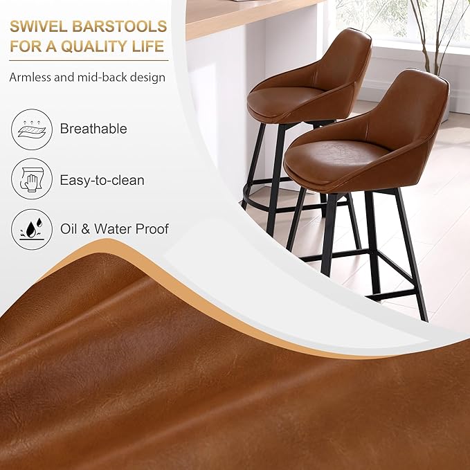 Zesthouse Swivel Counter Height Stools Set of 2, Modern Upholstered Barstools with Backs, 26'' Faux Leather High Chairs for Island Kitchen, Counter Height Chairs with Metal Legs, Brown