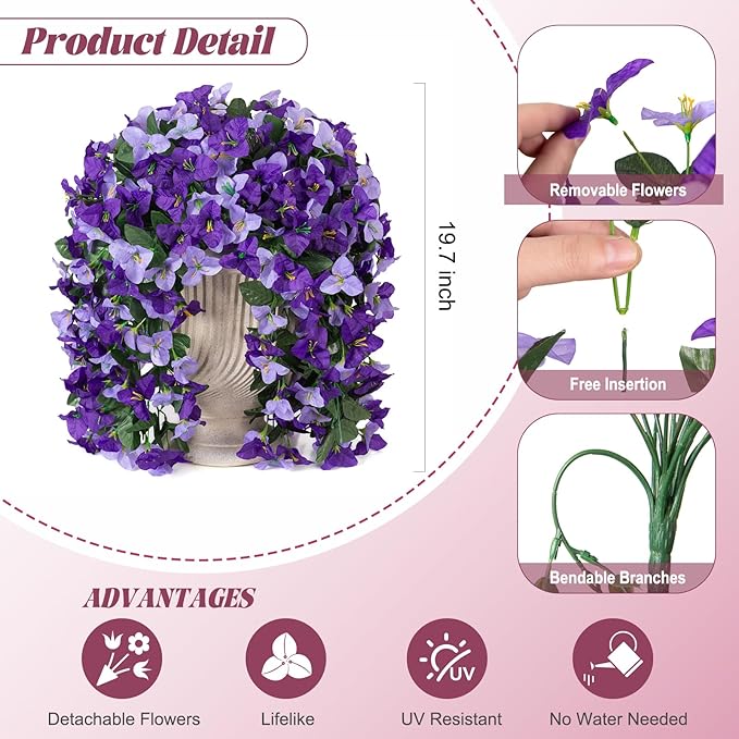 2 pcs Artificial Faux Bougainvillea Flowers Plants for Outdoor Outside Summer Decoration, Fake Silk UV Resistant Long Trailing Vines for Front Door Porch Planter Balcony (Purple Dark Purple)
