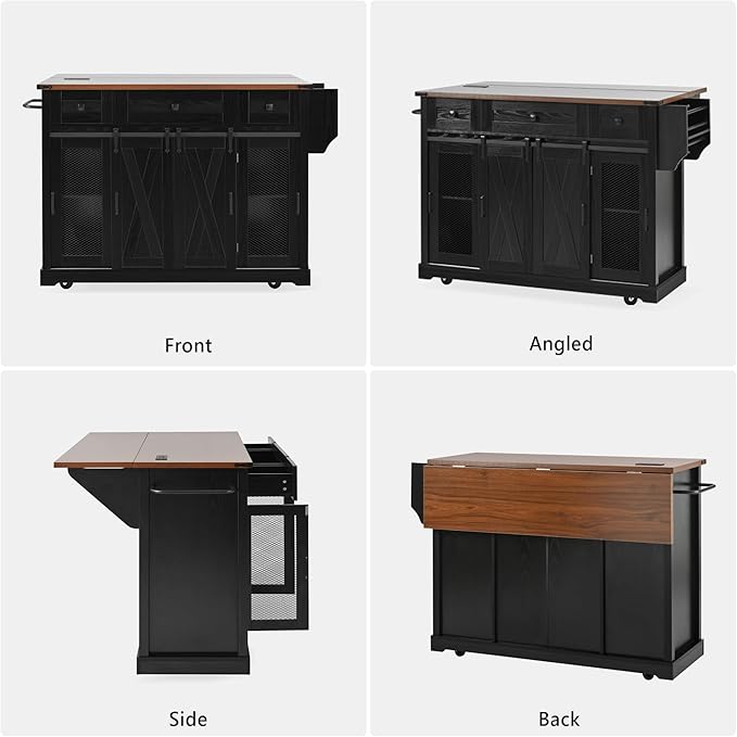 Merax Farmhouse Rolling Kitchen Island on Wheels with Drop Leaf Table & Power Outlet, Wood Kitchen Cart on Wheels with Spice Rack, Glass Holders, 3 Drawers & Cabinet, 58" Wide Black
