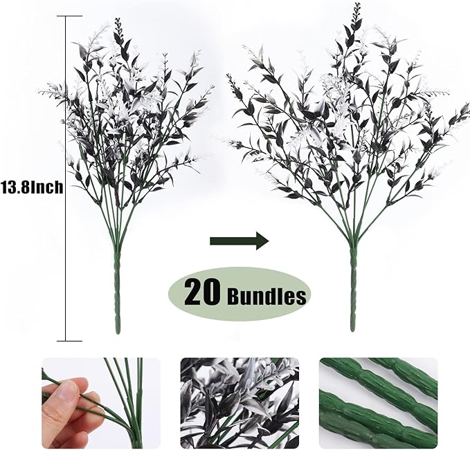 RECUTMS Black Flower,Black Decor,20 Bundles Artificial Flowers Fake Outdoor Plants Faux UV Resistant Lavender Flower Plastic Shrubs Indoor Outside Hanging Decorations (Black+White, 20 Bundles)