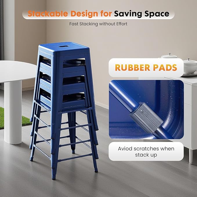 Sweetcrispy 24 Inches Metal Bar Stools Set of 8, Backless Counter Height Bar Stools for Kitchen, Outdoor Stackable Stools – No Assembly Required & Scratch-Resistant, Blue