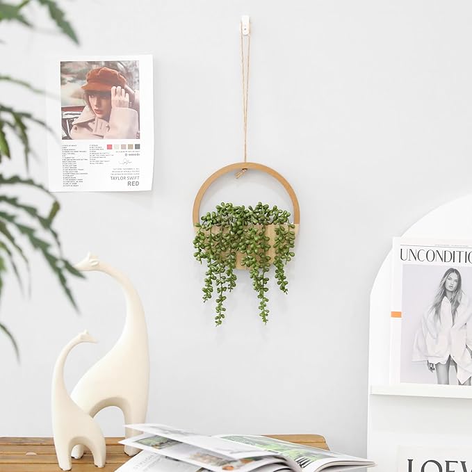 Floweroyal 2pcs Artificial Succulents Hanging Plants 12.2'' Fake String of Pearls in Pot with 8.3'' Lanyard for Indoor Outdoor Wall Decor（Wood Color）.