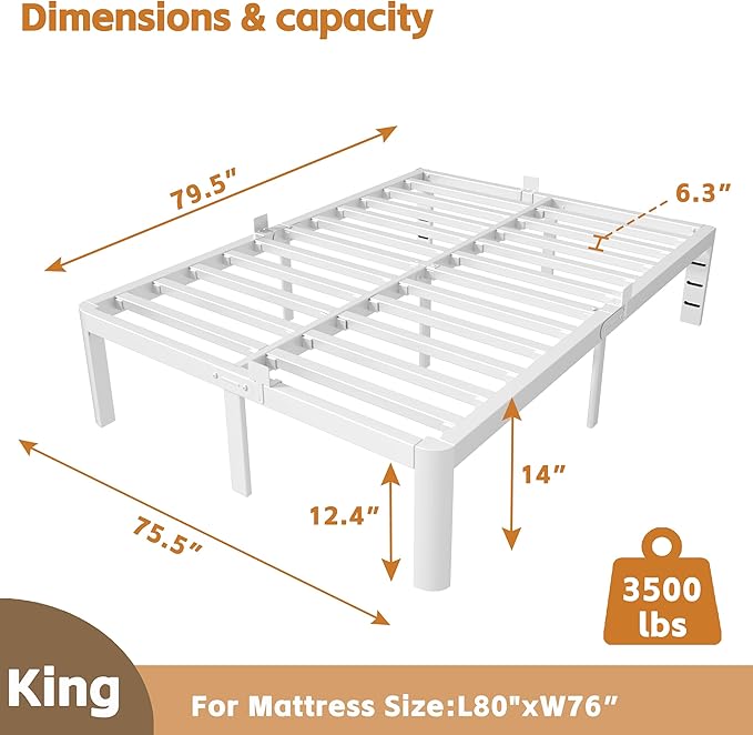 14 Inch King Bed Frame with Metal Gaskets, No Box Spring Needed, Heavy Duty Steel Support 3500 LBS, DIY Headboard, Easy Assembly, Anti-Slip Mattress Stopper, Round Corner Leg, White