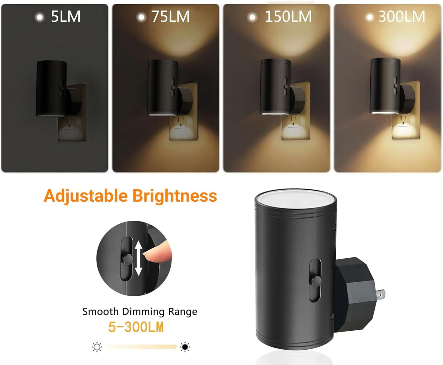 LED Night Lights Plug into Wall,Dusk to Dawn Sensor Night Light,0-300LM Adjustable Brightness,Warm White 2700K,Dimmable Night Lights for Kitchen Hallway Bedroom Bathroom 4 Pack
