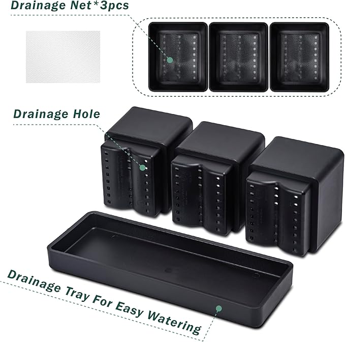 D'vine Dev Herb Garden Planter Set, Plastic Plant Pots with Drainage and Saucer, Indoor Succulent Cactus Vegetable Pot for Windowsill, Garden Balcony, Black, Set of 1, 76-V-B-1