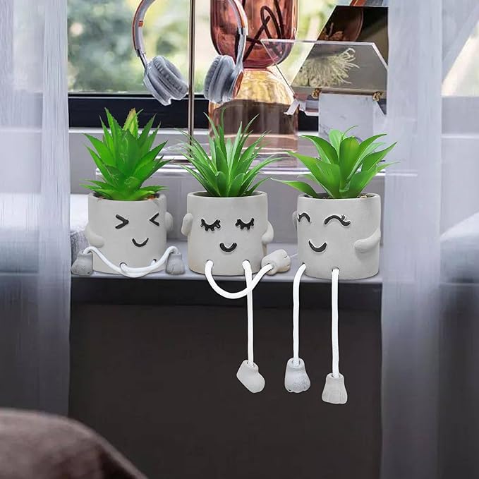 Set of 3 Artificial Succulent Plants, Fake Plant Office Decor with Gray Flower Pots, Small Faux Plants Indoor Mini Potted Succulents for Desk Shelf Bathroom Home Decor