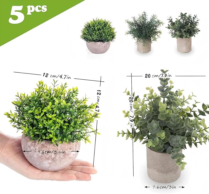 Fake Plants,5 Pack Small Fake Plants Mini Potted Artificial Eucalyptus Greenery Plastic Green Grass Plants for Indoor Outdoor,Mini Faux Plant for Shelve Desk Table Farmhouse Bathroom Shelf Decor