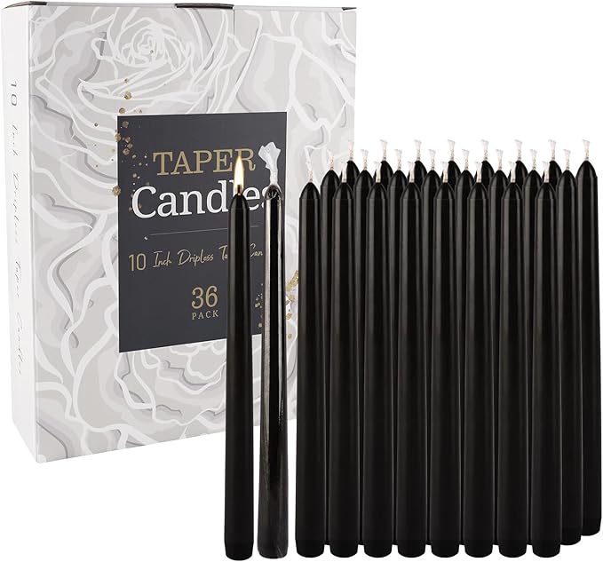 36-Pack 10-Inch Black Taper Candles - Drip-Free Unscented, Long Burning for Dinner Parties, Halloween, Home Decor, Spells & Rituals, Meditation, Prayer (25.4 cm)