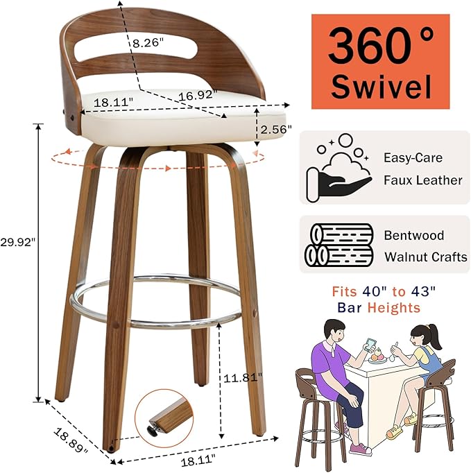 Bar Stools Set of 2, Swivel Bar Stools with Walnut Craftsmanship, Bentwood Curved Back, Upholstered Faux Leather, Soft Cushion Seat, Mid Century BarStools for Bar/Pub/Cafe (Beige, 30" Seat Height)