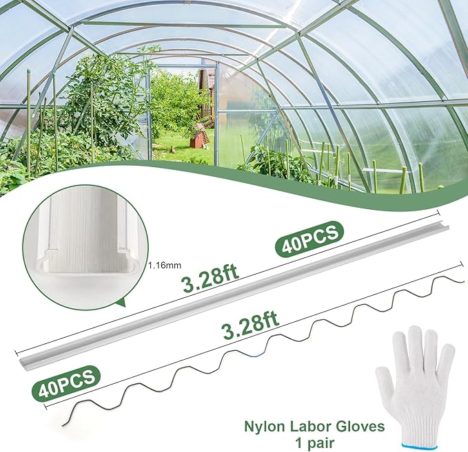 40-Pack Greenhouse Spring Wire & Lock Channel Kit | 3.28-Foot PVC-Coated Wires & Aluminum Channels | Poly Film/Shade Cloth Attachment System | Includes 100 Self Tapping Screws