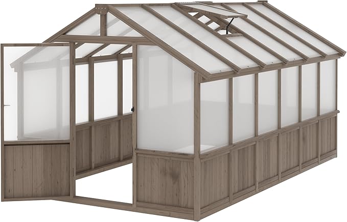 8x12 FT Greenhouse Kit with 6MM Thick Polycarbonate Panel for Outdoor, Wooden Walk-in Green House with Adjustable Roof Vent and Lockable Door, Backyard, Garden, Light Mocha Brown