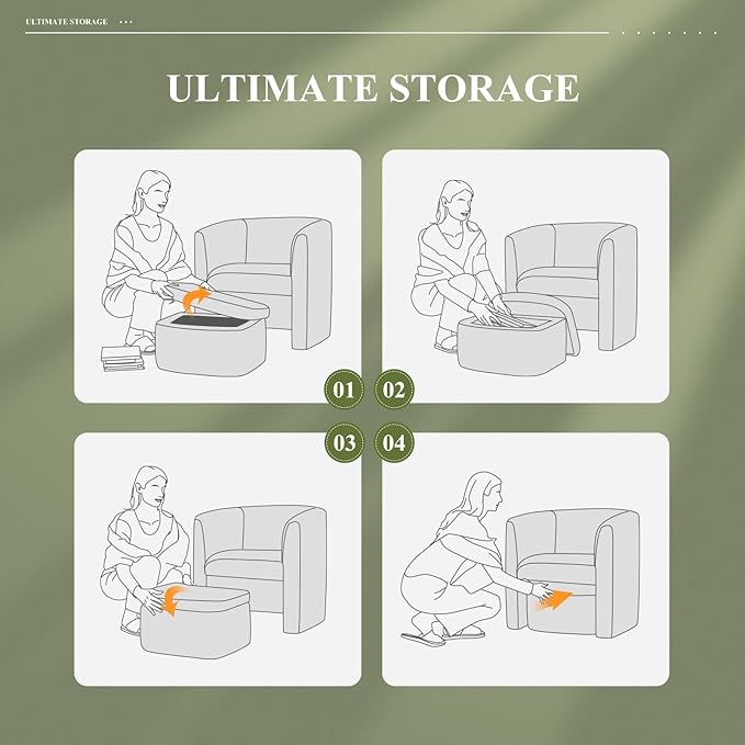 Modern Velvet Barrel Accent Chair with Storage Ottoman, Space-Saving Armchair for Apartment Living/Study Room, Green