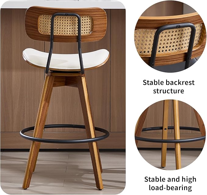 Swivel Bar Stools Set of 2, Faux Leather Counter Height Stools with Rattan Back, 26" Seat Height Upholstered Bar Chairs with Bentwood Wood Frame for Kitchen Island - Beige
