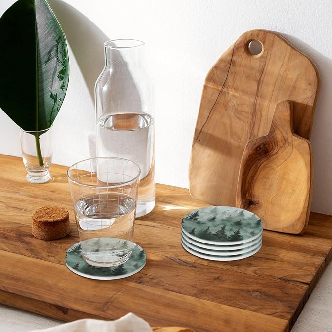 Green Tree Coasters for Drinks Spring Summer Winter Absorbent Ceramic Coaster Set of 4 for Coffee Table Cup Bar Desk Round Coasters Mat with Cork Base Seasonal Home Decors