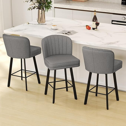 Swivel Counter Height Bar Stools Set of 3, 26'' Modern Barstools with Backs and Metal Legs, Upholstered Bar Chairs,Mid-Gray,Fabric Stools for Kitchen Island Chairs