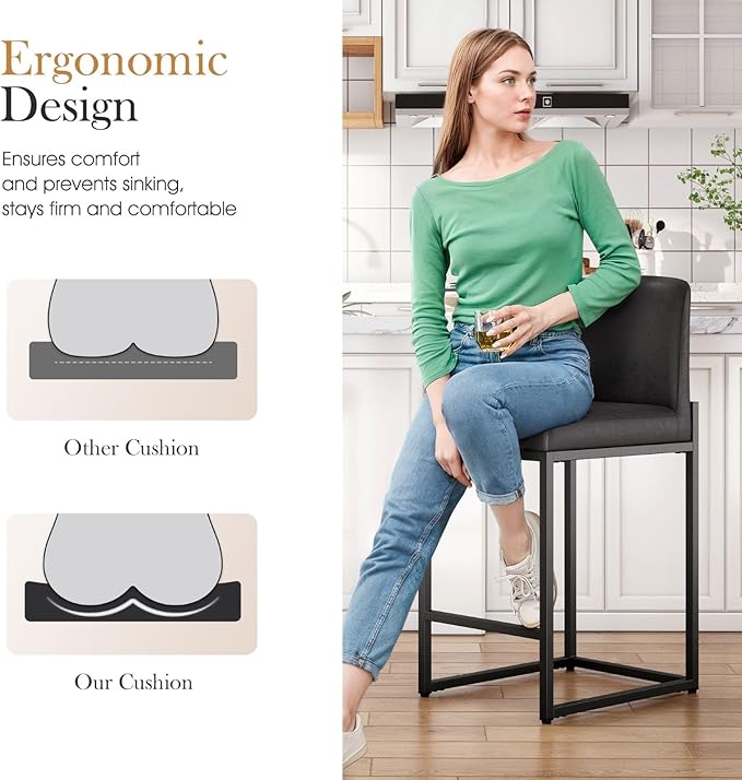 Sophia & William Black Bar Stools Set of 2, Counter Height 24" Bar Stools with Backs,Modern PU Leather Kitchen Island Stools