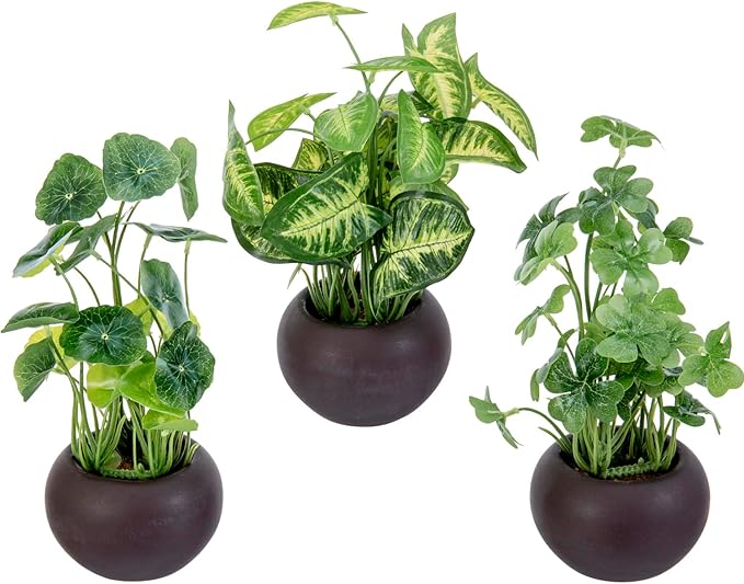 MyGift Modern Trio of Artificial Assorted Green Leaf Plants Potted in Decorative Round Brown Ceramic Pots, Faux Foliage Indoor Tabletop Houseplants, 3 Piece Set