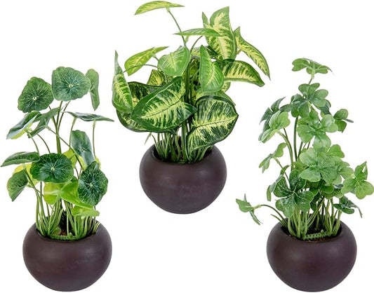 MyGift Modern Trio of Artificial Assorted Green Leaf Plants Potted in Decorative Round Brown Ceramic Pots, Faux Foliage Indoor Tabletop Houseplants, 3 Piece Set