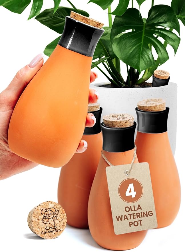 4 Pcs Ollas Terracotta Watering Pots Large - 14 Oz Self Watering Planter Insert Olla Watering System for 1-Week Easy to Refill - Clay Plant Watering Globes for Outdoor & Indoor Plants [4, Black]
