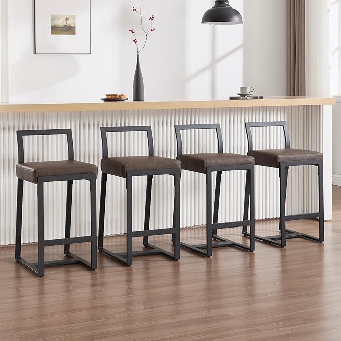 26’’ Modern Bar Stools Set of 4, Upholstered PU Leather Bar Chairs with Backrest Armless Counter Height Stools with Metal Frame for Kitchen Island Dining Room, Grayish Brown
