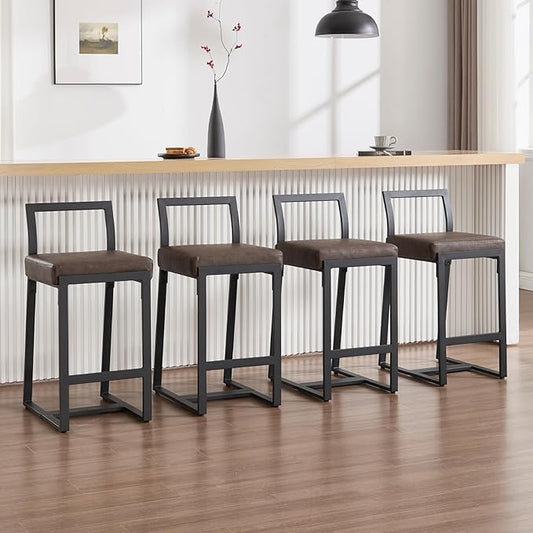 26’’ Modern Bar Stools Set of 4, Upholstered PU Leather Bar Chairs with Backrest Armless Counter Height Stools with Metal Frame for Kitchen Island Dining Room, Grayish Brown