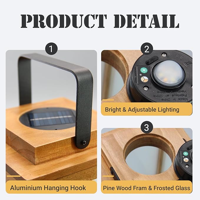 ALOADECOR H11 Farmhouse LED Solar Lantern with Wood Farm and Frosted Glass Panl Ourdoor Garden Decorative Hanging Lanterns for Outside Camping