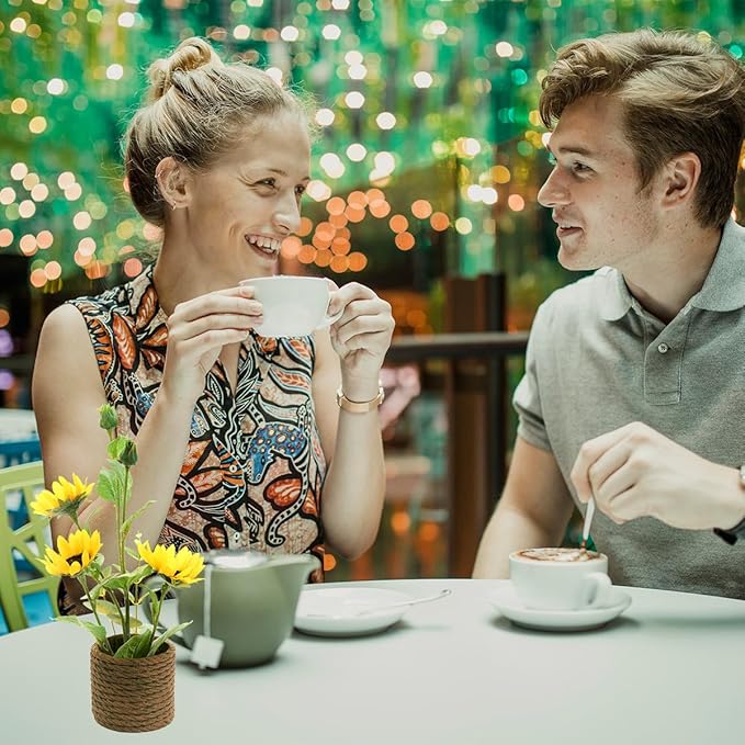 AlphaAcc 13.5 inch Faux Yellow Sunflower Fake Plant Realistic Artificial Potted Greenery in a Rope-Striped Cement Planter Perfect for Indoor Table Centerpieces Porch Décor