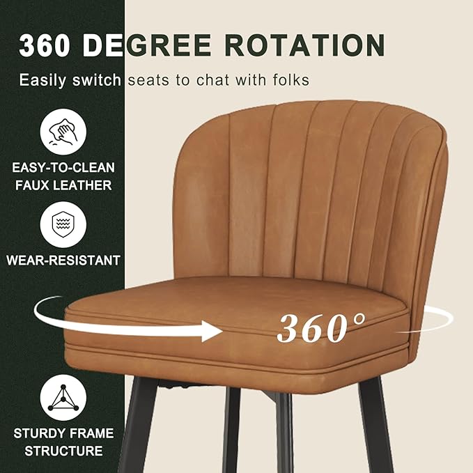 Swivel Counter Height Bar Stools Set of 3, 26'' Modern Barstools with Backs and Metal Legs, Upholstered Bar Chairs, Faux Leather Whiskey Brown Stools for Kitchen Island Chairs