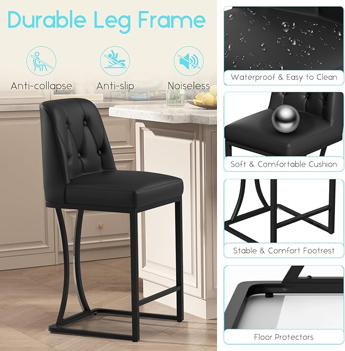 Black Counter Height Bar Stools Set of 4, 24 inch Counter Stools Pu Leather Modern Bar Chairs with Back for Kitchen Island